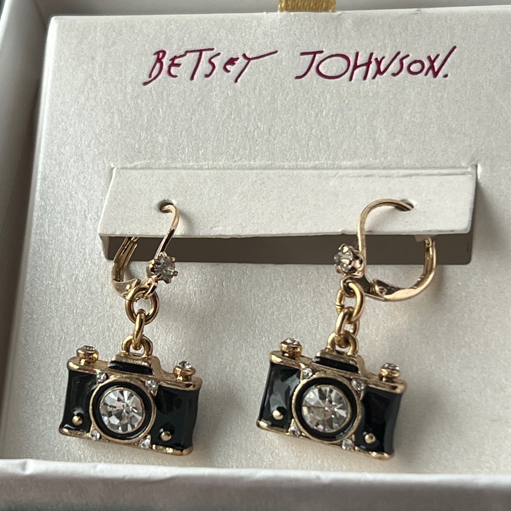 Betsey Johnson Black and Gold Camera Earrings